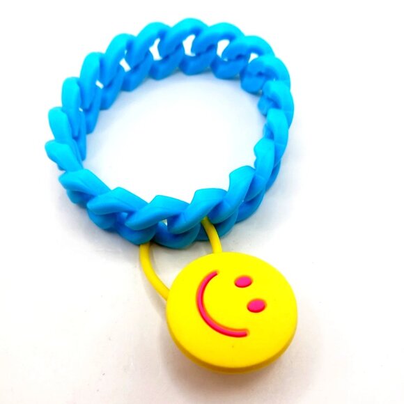 Jewelry - Smiley Face Silicone - Rubber Blue Bracelet -Wristband 8 Inches
